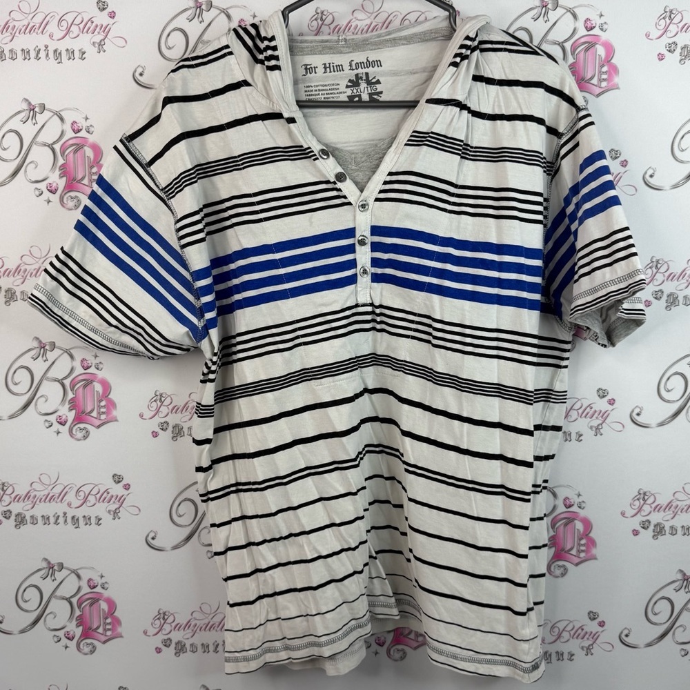 For him London T-shirt, hoodie, Y2K Striped Henley Shirt with Blue Accents